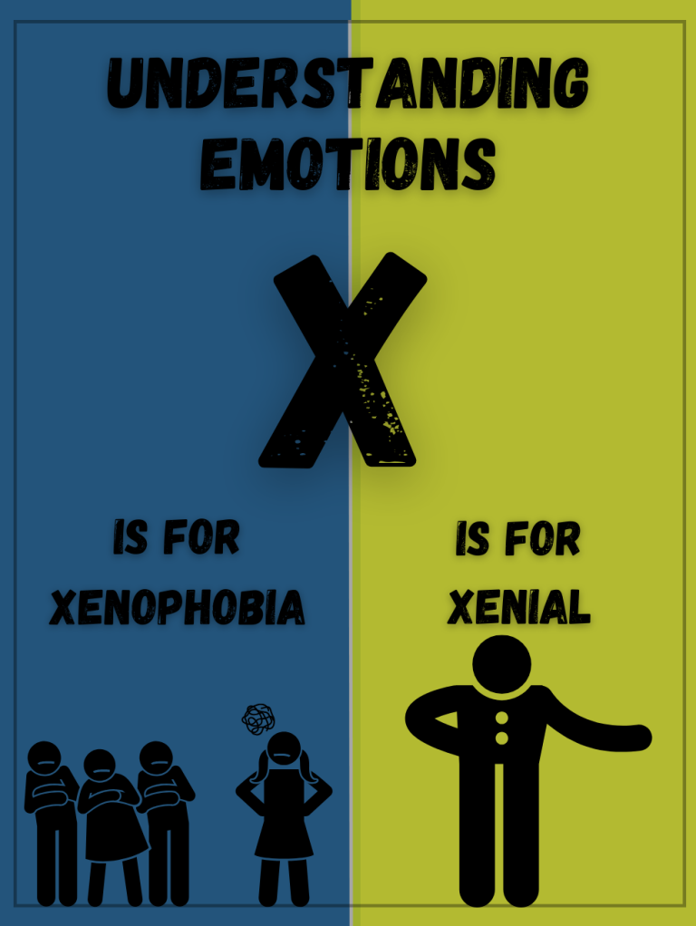 Text explaining emotions: "X is for Xenophobia" and "X is for Xenial," with simple figures.