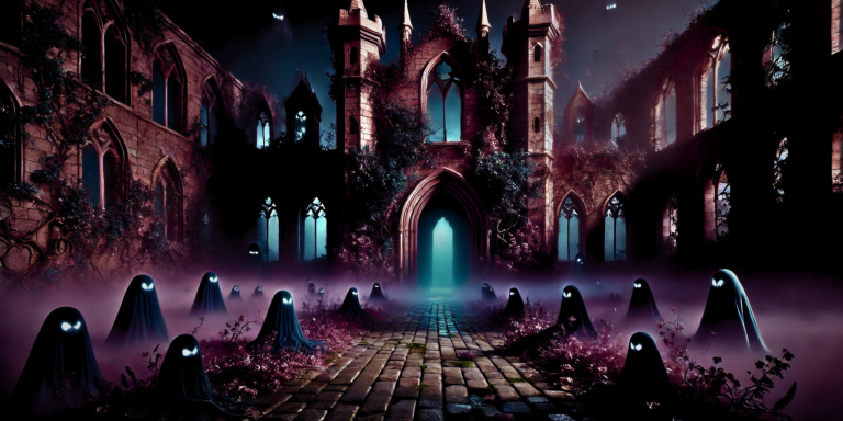 Eerie ruins with hooded figures in mist, illuminated by blue light and shadows.