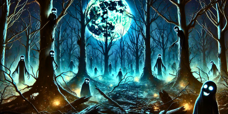 Eerie forest scene at night with glowing moon, shadowy figures, and mysterious lights.