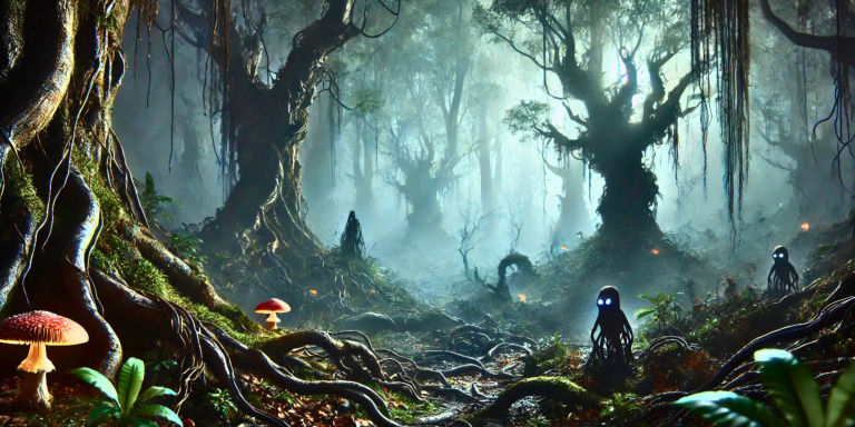 Misty forest with large trees, glowing mushrooms, and shadowy figures among lush greenery.