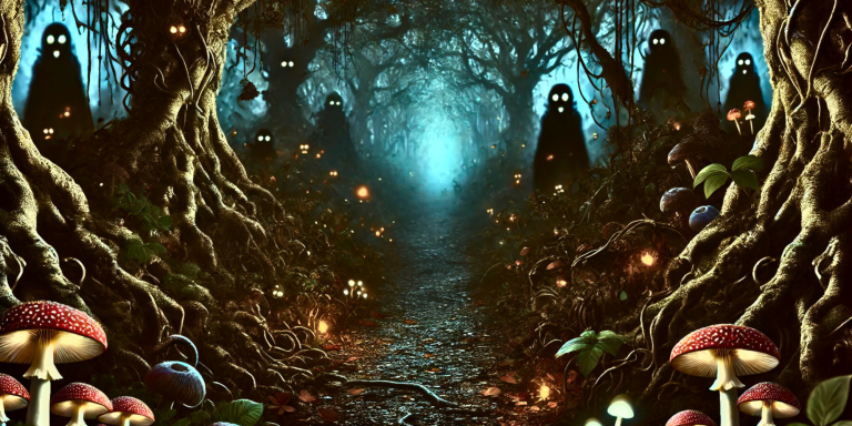 A mystical forest pathway lined with mushrooms and shadowy figures among the trees.