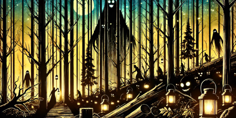 Dark forest scene with shadowy figures and glowing lanterns under a yellow-green sky.